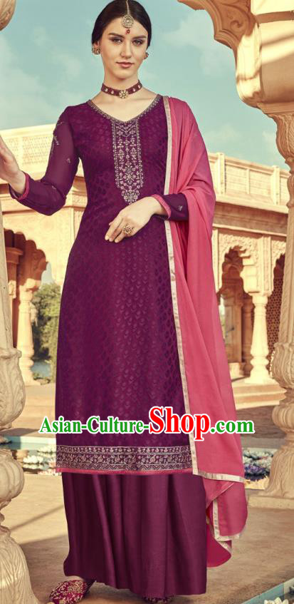 Asian India Traditional Suits Costumes Asia Indian National Folk Dance Purple Viscose Long Blouse and Loose Pants Shawl Complete Set