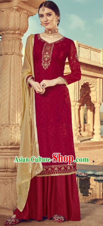 Asian India Traditional Suits Costumes Asia Indian National Folk Dance Magenta Viscose Long Blouse and Loose Pants Shawl Complete Set