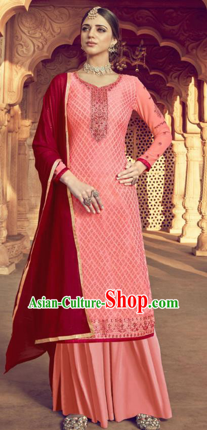 Asian India Traditional Suits Costumes Asia Indian National Folk Dance Pink Viscose Long Blouse and Loose Pants Shawl Complete Set