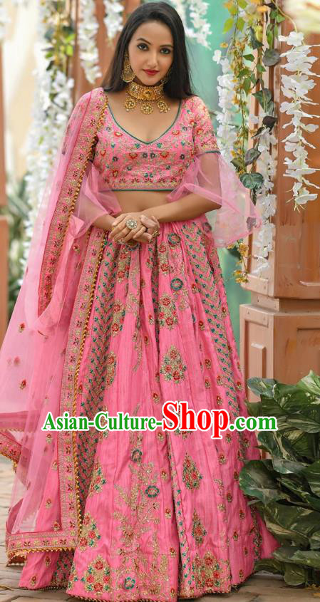 Asian India National Wedding Lehenga Costumes Asia Indian Bride Traditional Pink Silk Blouse and Embroidered Skirt Sari for Women