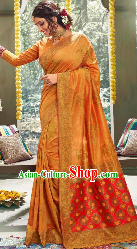 Asian India National Bollywood Orange Silk Saree Costumes Asia Indian Bride Traditional Blouse and Sari Dress for Women