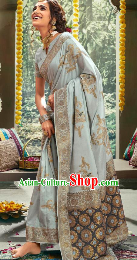 Asian India National Bollywood Gray Silk Saree Costumes Asia Indian Bride Traditional Blouse and Sari Dress for Women