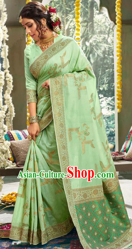 Asian India National Bollywood Light Green Silk Saree Costumes Asia Indian Bride Traditional Blouse and Sari Dress for Women