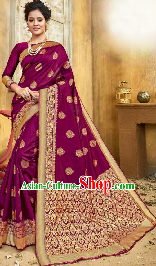 Asian India National Bollywood Purple Silk Saree Costumes Asia Indian Princess Traditional Blouse and Sari Dress for Women