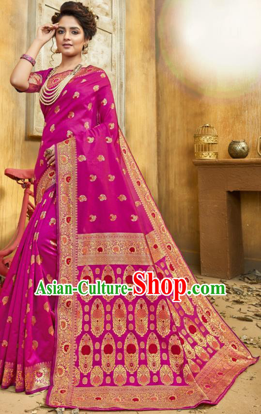 Asian India National Bollywood Dance Rosy Silk Saree Costumes Asia Indian Princess Traditional Blouse and Sari Dress for Women