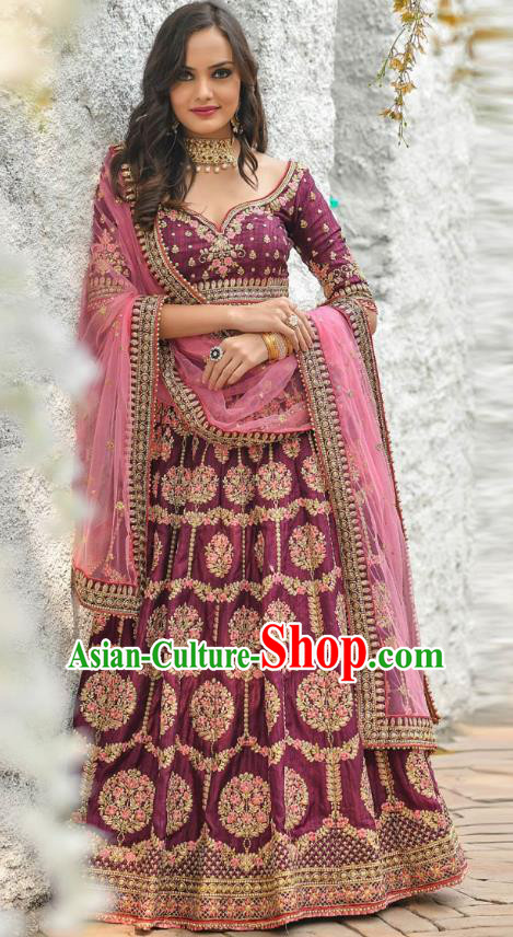 Asian India National Wedding Lehenga Costumes Asia Indian Bride Traditional Purple Silk Blouse and Embroidered Skirt Sari for Women