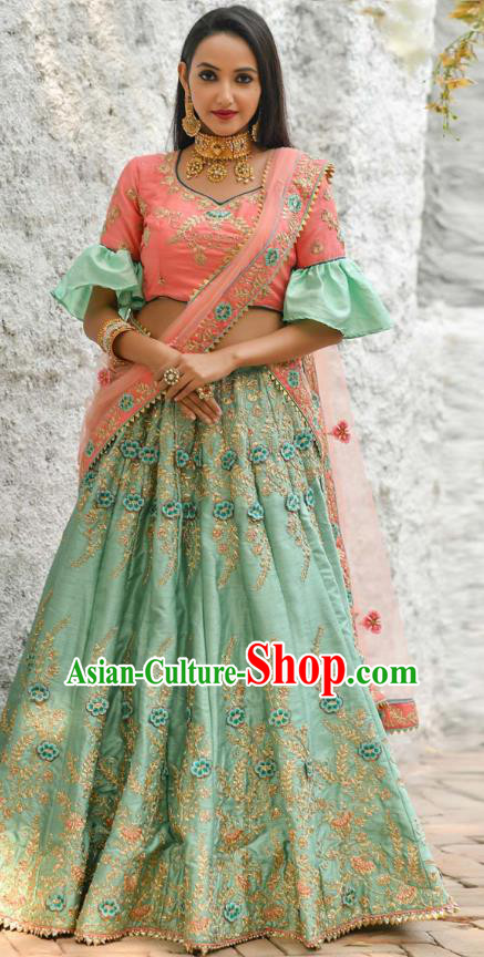 Asian India National Wedding Lehenga Costumes Asia Indian Bride Traditional Pink Silk Blouse and Embroidered Light Green Skirt Sari for Women