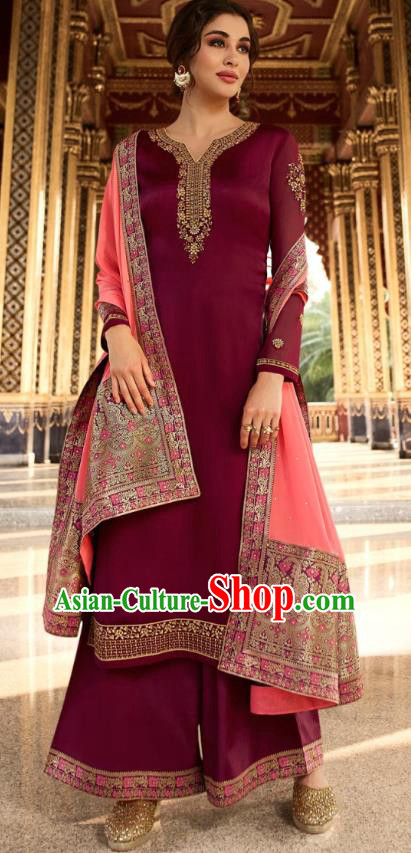 Asian India National Court Punjab Costumes Asia Indian Traditional Embroidered Magenta Satin Blouse Sari and Loose Pants for Women
