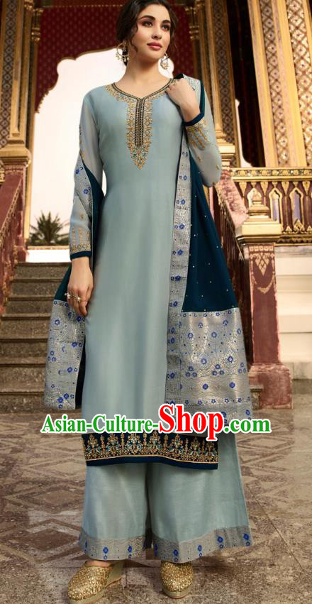 Asian India National Court Punjab Costumes Asia Indian Traditional Embroidered Gray Satin Blouse Sari and Loose Pants for Women