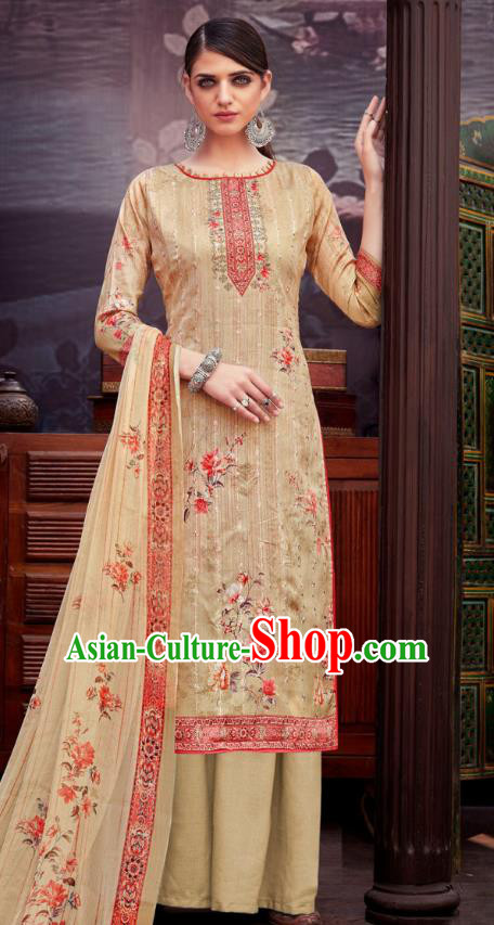Asian India National Printing Punjab Costumes Asia Indian Traditional Dance Apricot Cotton Blouse and Loose Pants and Shawl Full Set
