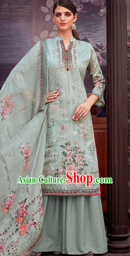 Asian India National Printing Punjab Costumes Asia Indian Traditional Dance Light Blue Cotton Blouse and Loose Pants and Shawl Full Set