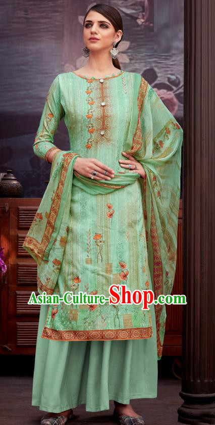 Asian India National Printing Punjab Costumes Asia Indian Traditional Dance Green Cotton Blouse and Loose Pants and Shawl Full Set