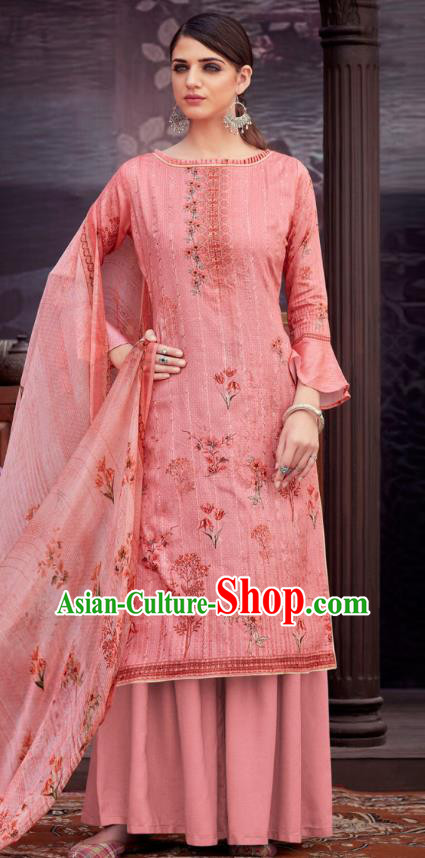 Asian India National Printing Punjab Costumes Asia Indian Traditional Dance Pink Cotton Blouse and Loose Pants and Shawl Full Set