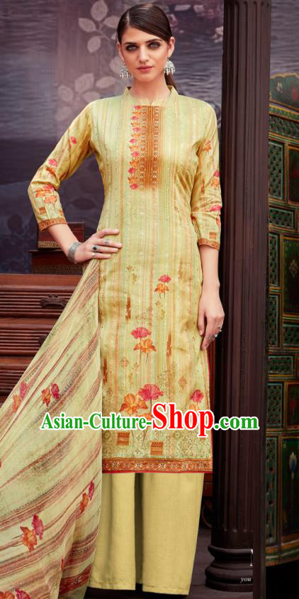 Asian India National Printing Punjab Costumes Asia Indian Traditional Dance Yellow Cotton Blouse and Loose Pants and Shawl Full Set