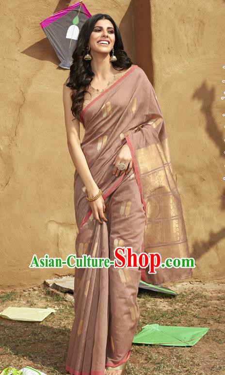 Asian India National Dance Brown Linen Saree Costumes Asia Indian Princess Traditional Bollywood Blouse and Sari Dress for Women
