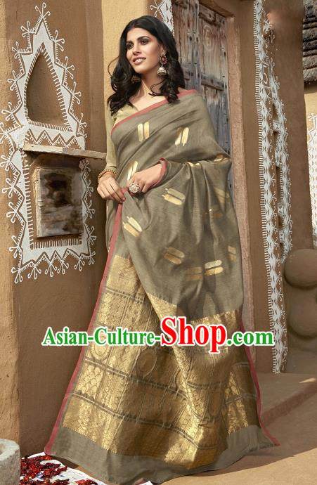 Asian India National Dance Grey Linen Saree Costumes Asia Indian Princess Traditional Bollywood Blouse and Sari Dress for Women