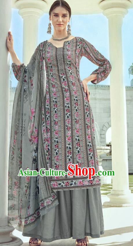 Asian India National Punjab Costumes Asia Indian Traditional Dance Embroidered Grey Muslin Blouse and Loose Pants and Shawl Full Set