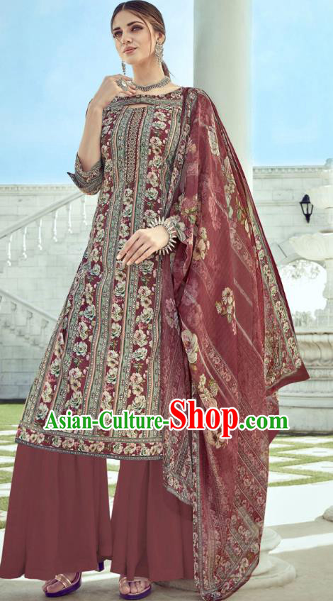 Asian India National Punjab Costumes Asia Indian Traditional Dance Embroidered Maroon Muslin Blouse and Loose Pants and Shawl Full Set