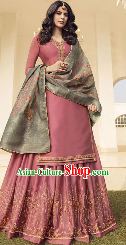 Asian India Court Punjab Costumes Asia Indian Traditional National Dance Embroidered Pink Satin Blouse and Skirt and Shawl Full Set