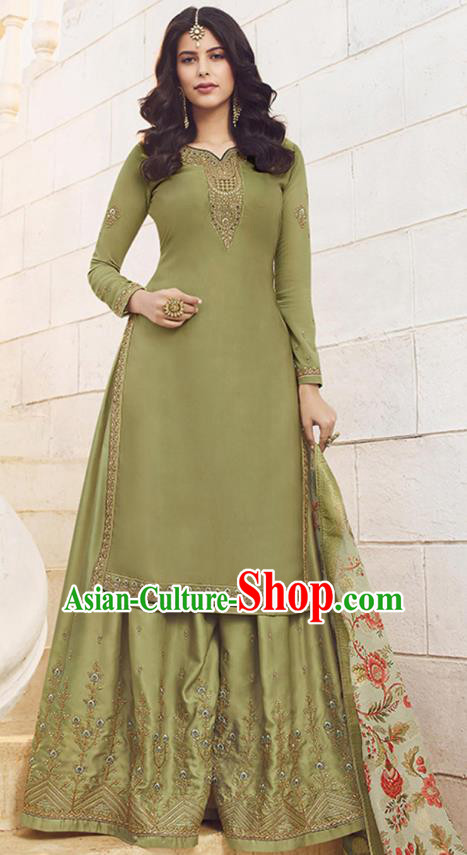 Asian India Court Punjab Costumes Asia Indian Traditional National Dance Embroidered Olive Green Satin Blouse and Skirt and Shawl Full Set