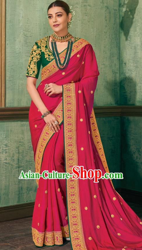 Asian India National Dance Magenta Silk Saree Asia Indian Traditional Costumes Court Princess Bollywood Blouse and Sari Dress for Women