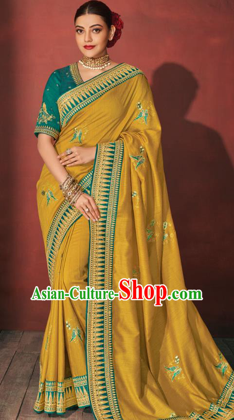 Asian India National Dance Yellow Silk Saree Asia Indian Traditional Costumes Court Princess Bollywood Blouse and Sari Dress for Women