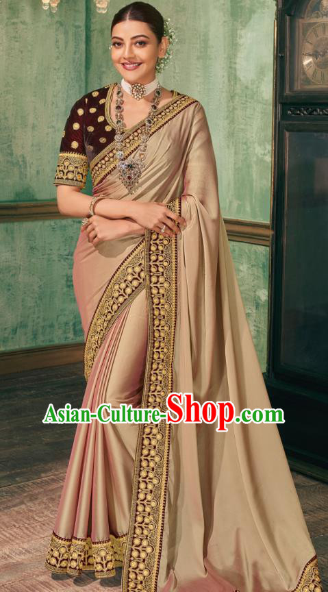 Asian India National Dance Apricot Silk Saree Asia Indian Traditional Costumes Court Princess Bollywood Blouse and Sari Dress for Women