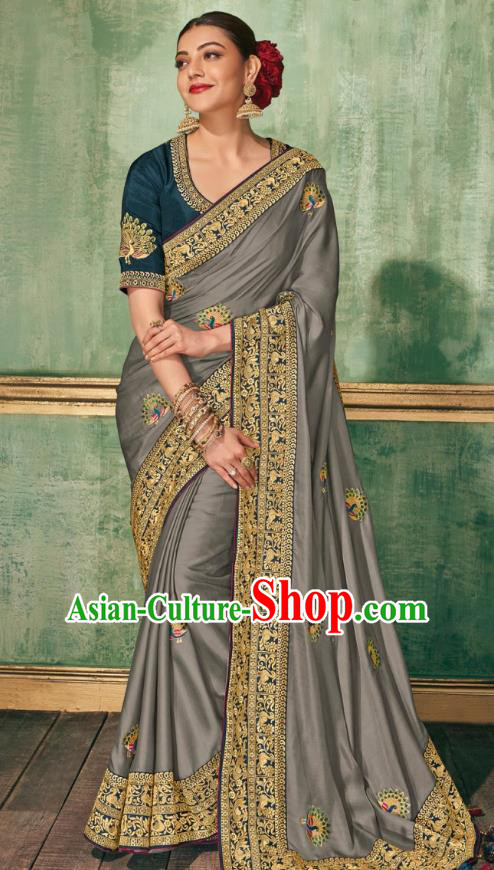 Asian India National Dance Gray Silk Saree Asia Indian Traditional Costumes Court Princess Bollywood Blouse and Sari Dress for Women