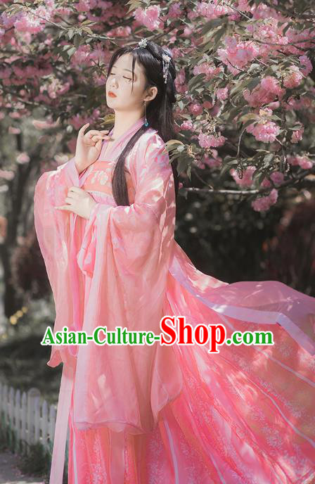 Traditional Chinese Tang Dynasty Princess Costumes Ancient Goddess Pink Hanfu Dress Apparel for Women