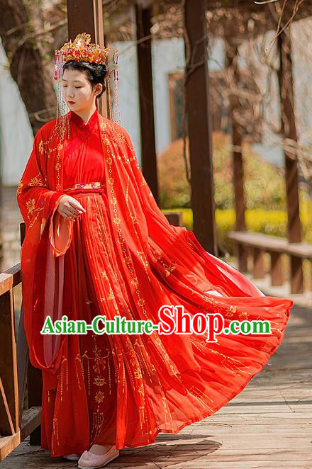 Traditional Chinese Jin Dynasty Wedding Historical Costumes Ancient Noble Princess Red Hanfu Dress Apparel Cloak and Blouse Skirt for Women