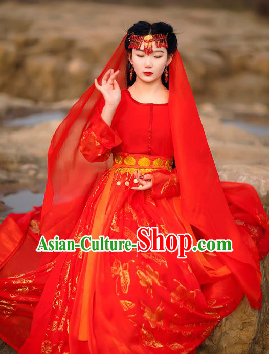 Traditional Chinese Tang Dynasty Princess Historical Costumes Drama Good Bye My Princess Ancient Infanta Qu Xiaofeng Red Hanfu Dress Apparel and Headpieces