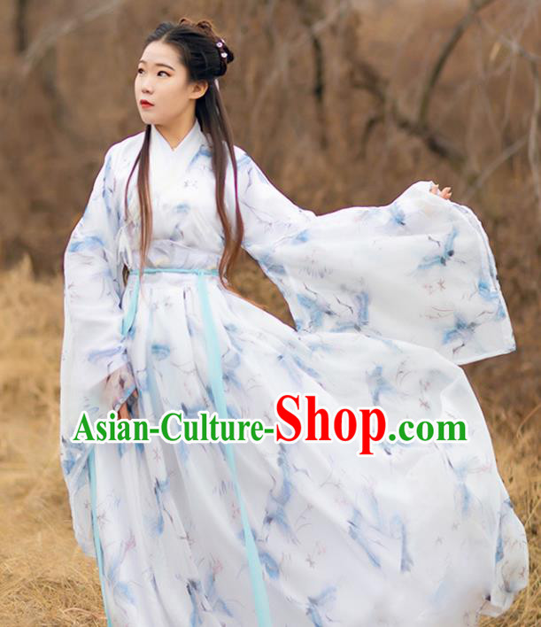 Traditional Chinese Jin Dynasty Young Lady Historical Costumes Ancient Princess Printing Cranes White Chiffon Hanfu Dress Apparel for Women