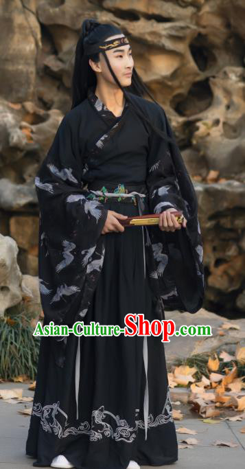 Traditional Chinese Jin Dynasty Scholar Historical Costumes Ancient Noble Childe Swordsman Black Hanfu Apparel for Men