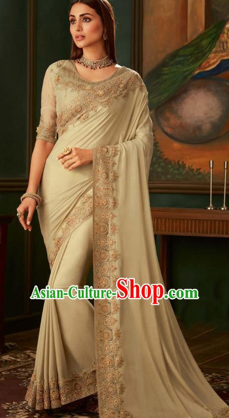 Asian India Bollywood Embroidered Apricot Crepe Saree Asia Indian National Festival Dance Costumes Traditional Court Woman Blouse and Sari Dress Full Set