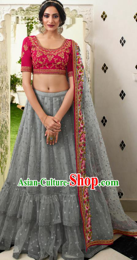 Asian India Wedding Silk Lehenga Costumes Asia Indian Traditional Festival Bride Embroidered Rosy Blouse and Gray Skirt and Sari Complete Set