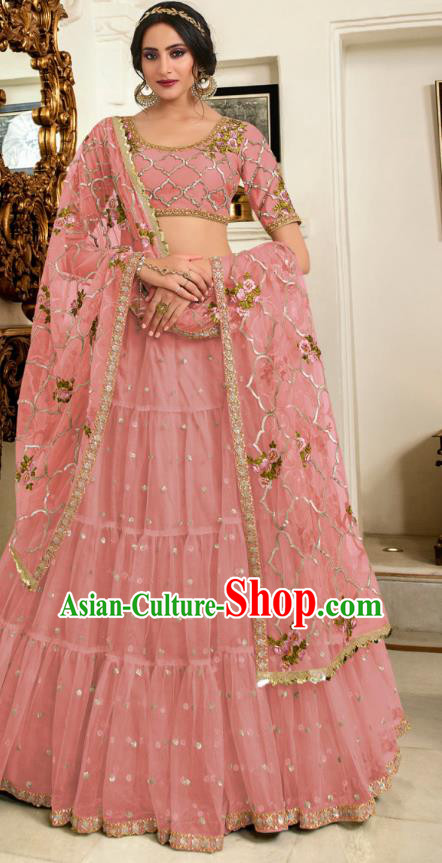 Asian India Wedding Pink Silk Lehenga Costumes Asia Indian Traditional Festival Bride Embroidered Blouse and Skirt and Sari Complete Set