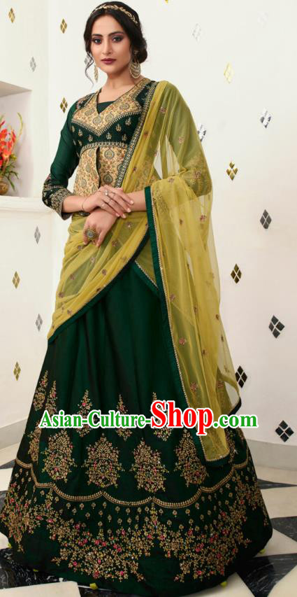 Asian India Wedding Deep Green Silk Lehenga Costumes Asia Indian Traditional Festival Bride Embroidered Blouse and Skirt and Sari Complete Set