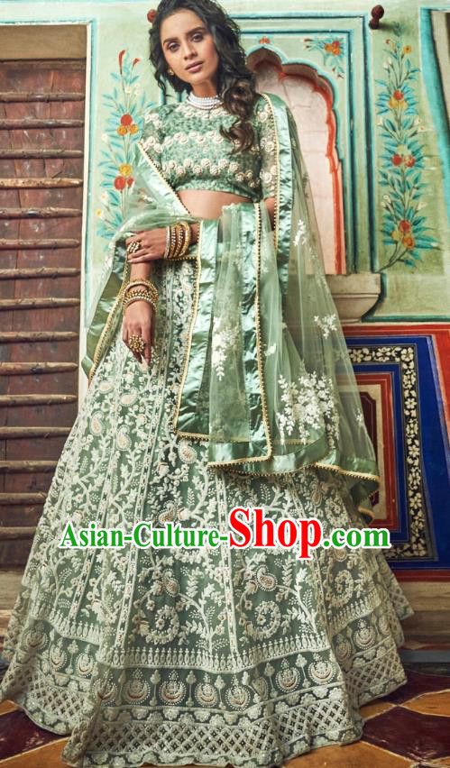 Top Asian India Wedding Lehenga Costumes Asia Indian Traditional Bride Embroidered Green Blouse and Skirt and Sari Full Set