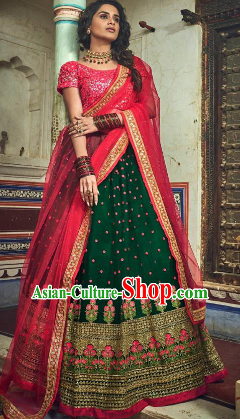 Top Asian India Wedding Lehenga Costumes Asia Indian Traditional Bride Embroidered Red Blouse and Green Skirt and Sari Full Set