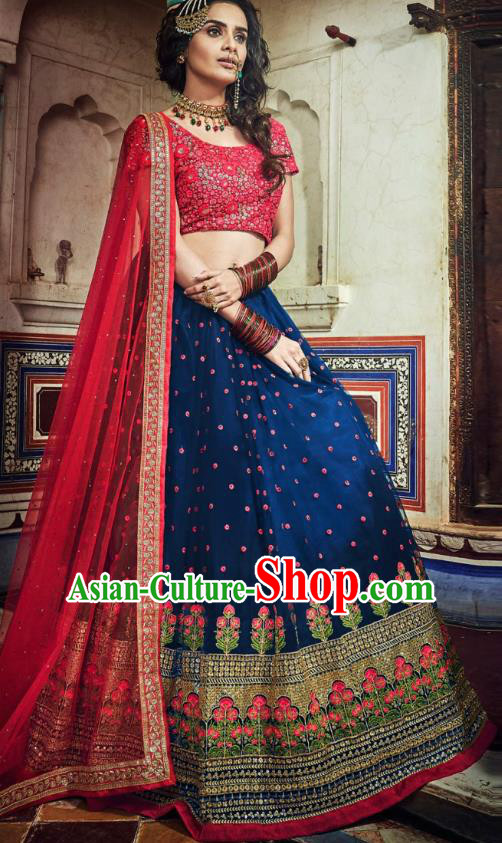 Top Asian India Wedding Lehenga Costumes Asia Indian Traditional Bride Embroidered Red Blouse and Navy Skirt and Sari Full Set