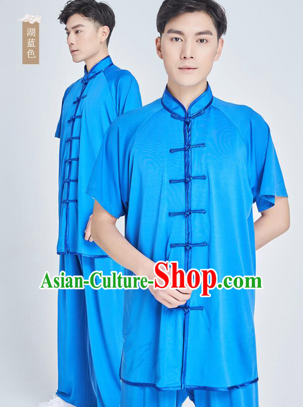 Top Grade Kung Fu Costume Martial Arts Training Lake Blue Milk Fiber Uniform Shaolin Gongfu Tai Ji Clothing for Men