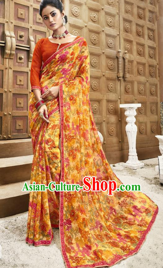 Asian India National Printing Yellow Georgette Saree Asia Indian Festival Dance Costumes Traditional Female Blouse and Sari Dress Full Set