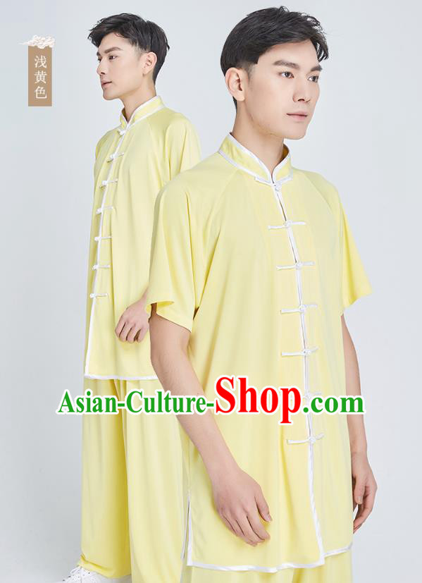 Top Grade Kung Fu Costume Martial Arts Training Yellow Milk Fiber Uniform Shaolin Gongfu Tai Ji Clothing for Men