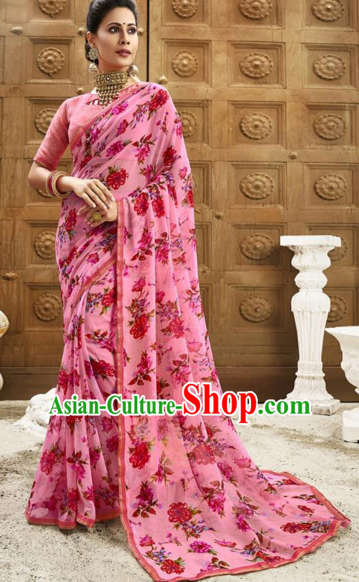 Asian India National Printing Pink Georgette Saree Asia Indian Festival Dance Costumes Traditional Female Blouse and Sari Dress Full Set