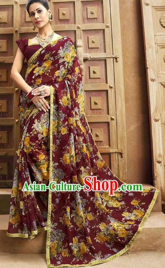 Asian India National Printing Maroon Georgette Saree Asia Indian Festival Dance Costumes Traditional Female Blouse and Sari Dress Full Set