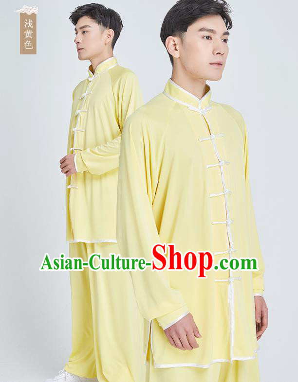 Top Grade Martial Arts Training Yellow Milk Fiber Uniform Kung Fu Costume Shaolin Gongfu Tai Ji Clothing for Men