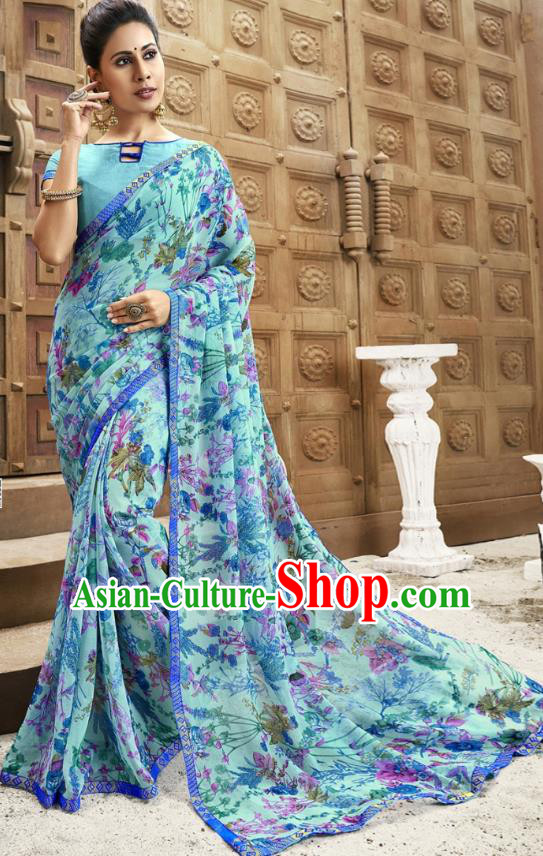 Asian India National Printing Light Blue Georgette Saree Asia Indian Festival Dance Costumes Traditional Female Blouse and Sari Dress Full Set