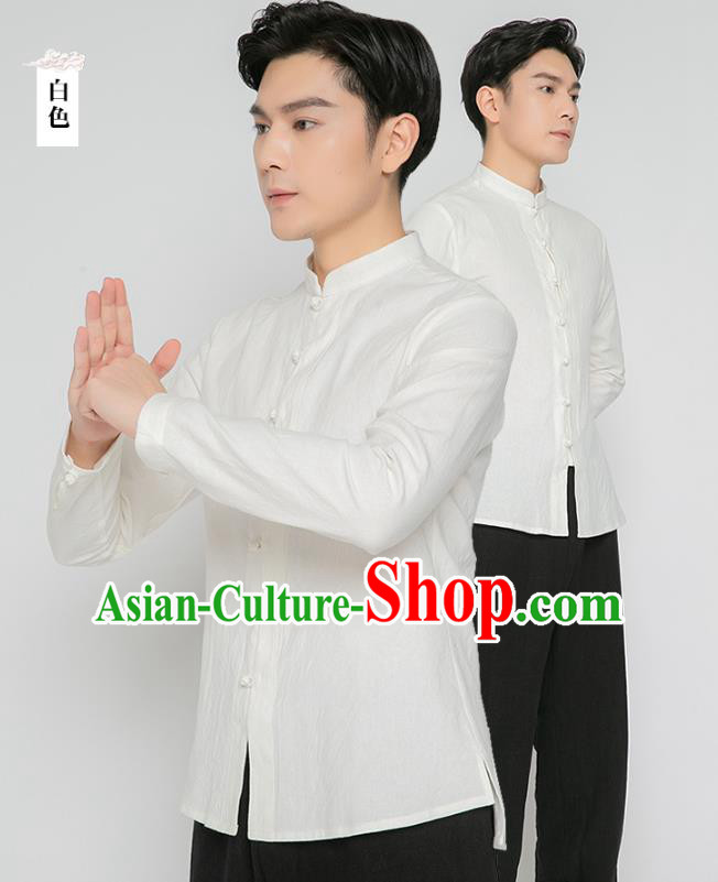 Asian Chinese Traditional White Flax Shirt and Black Pants Martial Arts Costumes China Kung Fu Outfits for Men