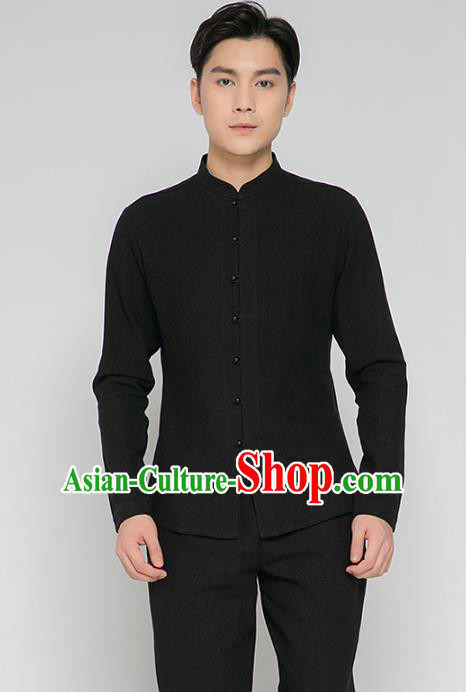 Asian Chinese Traditional Black Flax Shirt and Black Pants Martial Arts Costumes China Kung Fu Outfits for Men