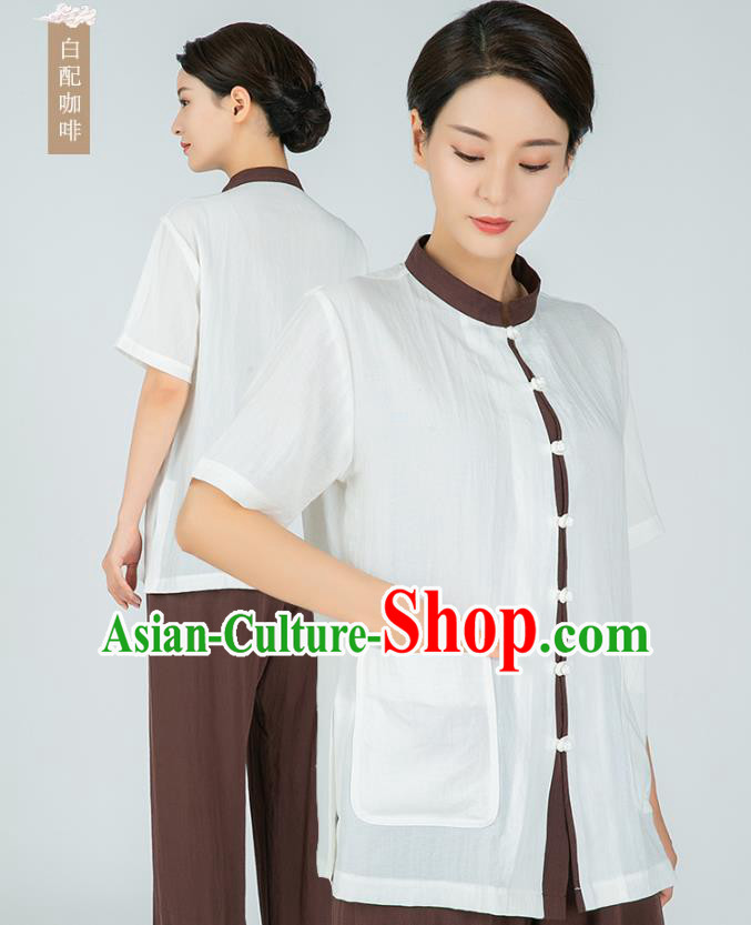 Professional Kung Fu Training White Flax Blouse and Brown Pants Uniforms Martial Arts Shaolin Gongfu Costumes Tai Ji Clothing for Women